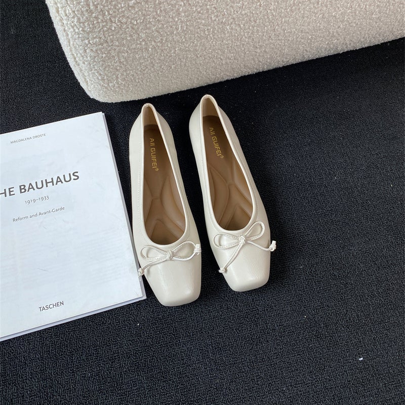 Fairy Style Gentle Shoes For Women 2025 Spring New Bow Square Toe Flats Shoes Silver Shallow Mouth Beanie Shoes - Image 1